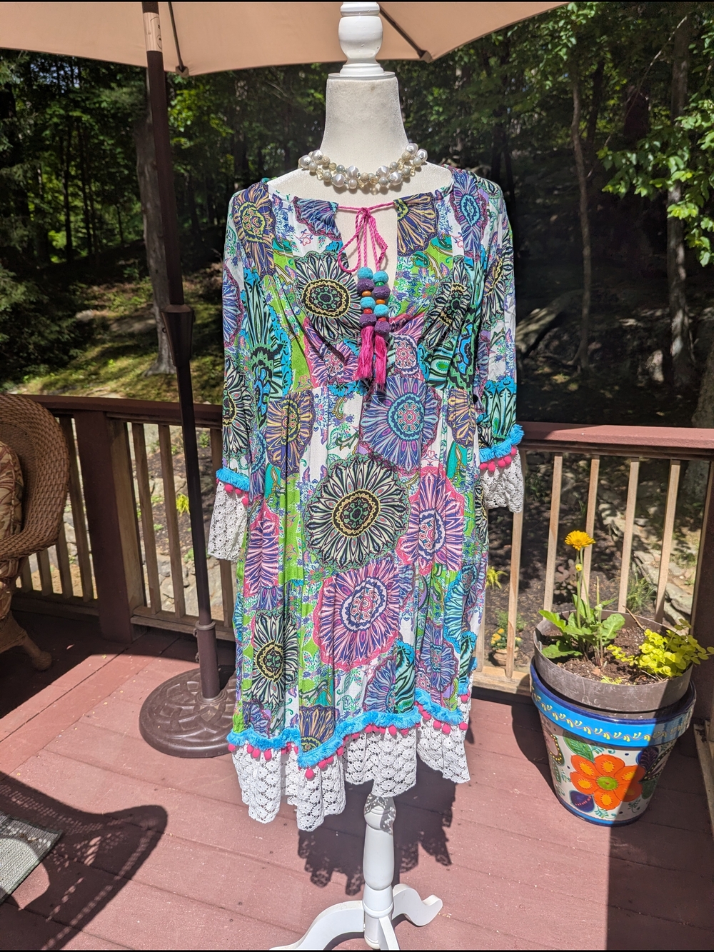 Boho Multicolor Floral Tunic with Pom Trim #016